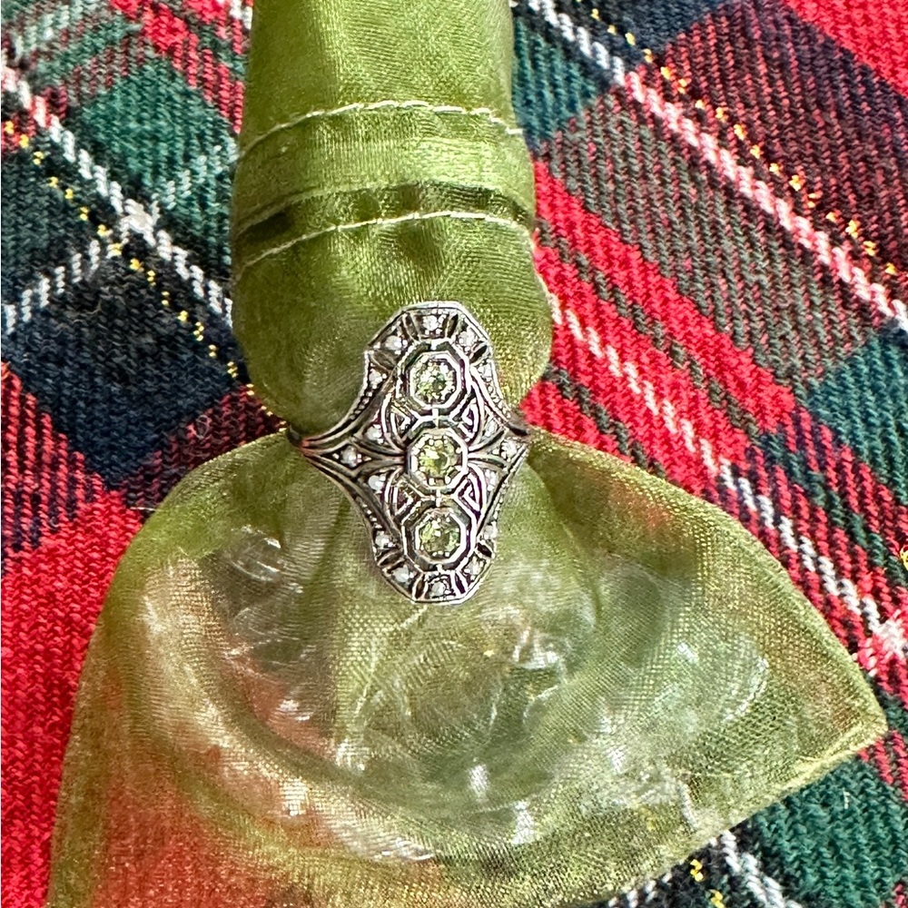 Peridot & Pearl Filigree Vintage Ring In 925 Solid Sterling Silver